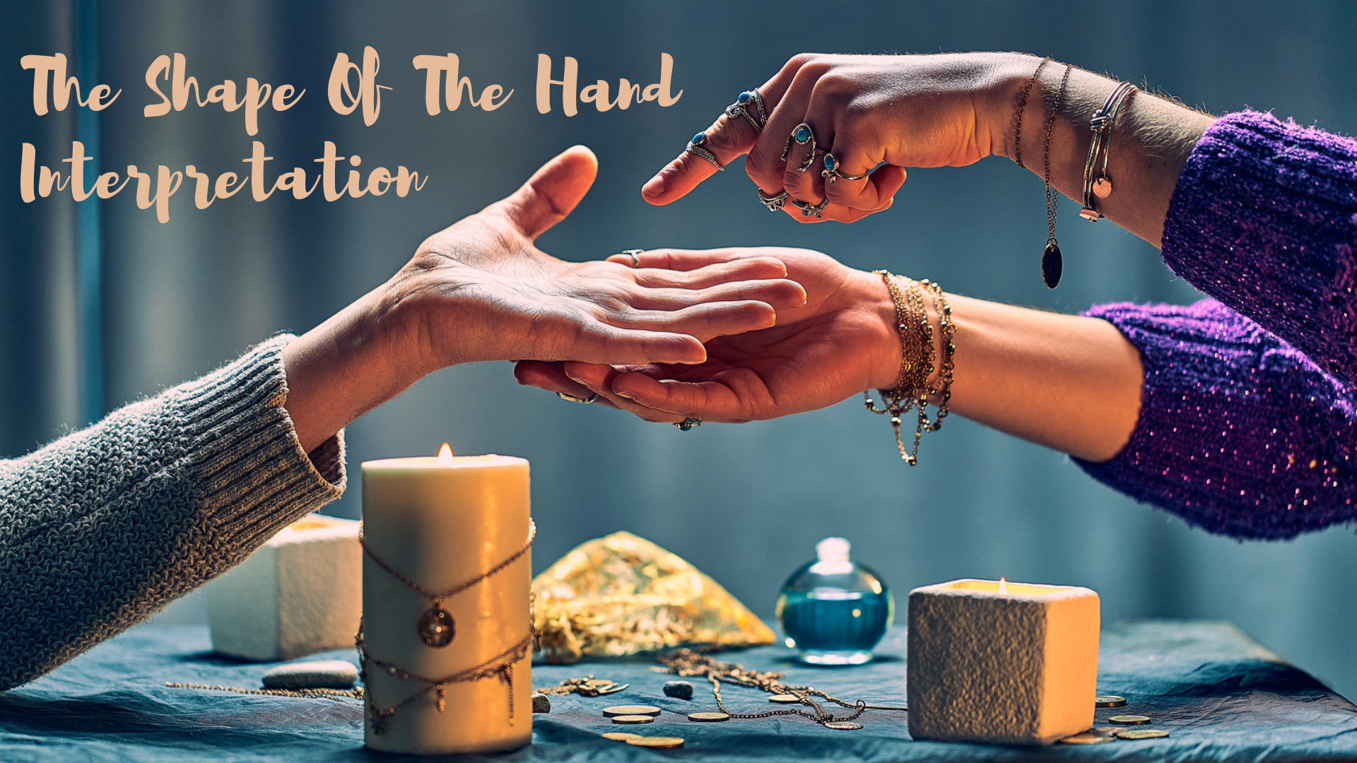 A woman holding the hand of other person and perfoming palm reading with words The Shape Of The Hand Interpretation